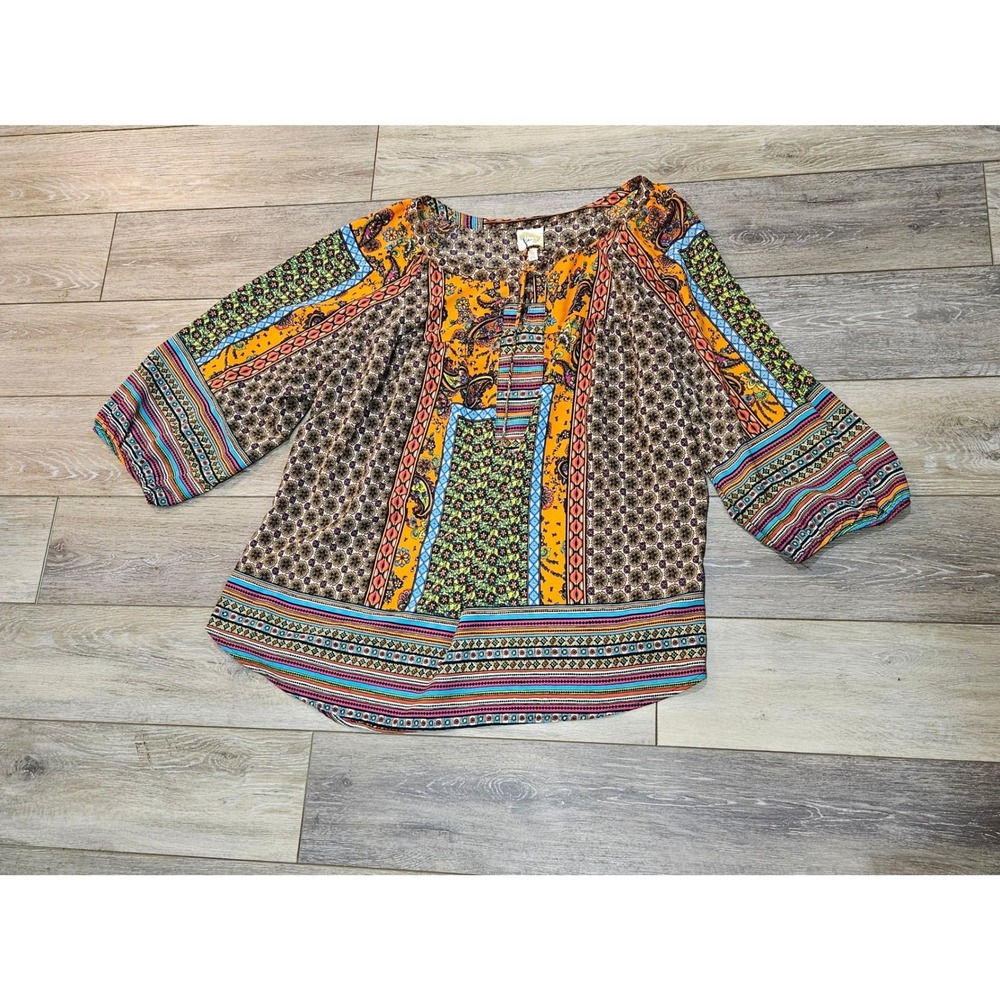 Fig and Flower Womens 3X Mixed Print Boho Blouse Paisley Floral Orange Blue Top